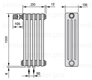 Схема (чертеж) Радиатор Zehnder Charleston 4100/5 №V007 Белый глянцевый RAL 9016